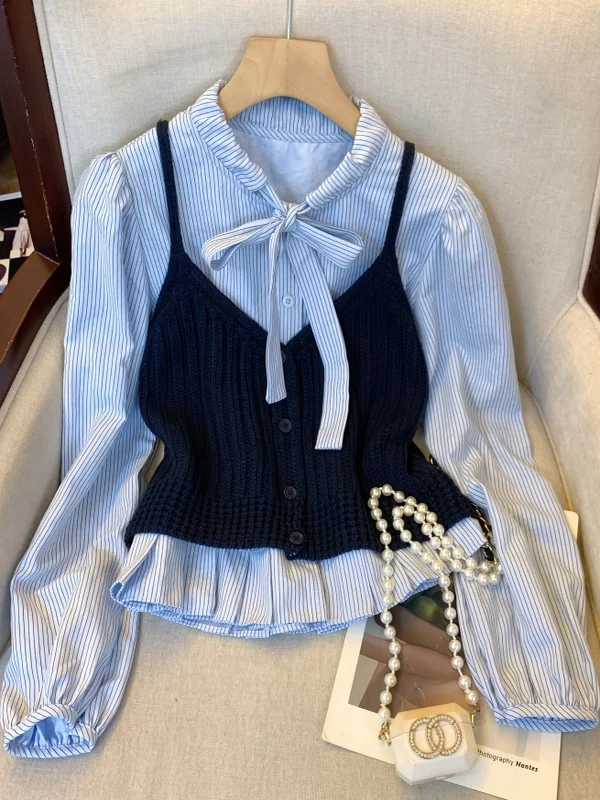 

Весенний женский комплект 2026: вязаная кофта с длинным рукавом и воротником-стойкой, модный корейский стиль, приталенный крой, полиэстер.