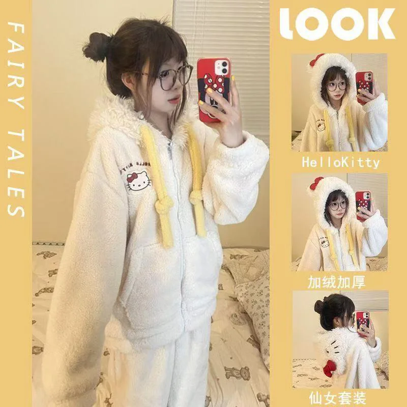 Kawaii سانريو الكرتون مرحبا كيتي مقنعين بيجامة من الصوف الفتيات الشتاء Homewear مع بطانة الصوف سميكة للدفء لطيف هدية #2