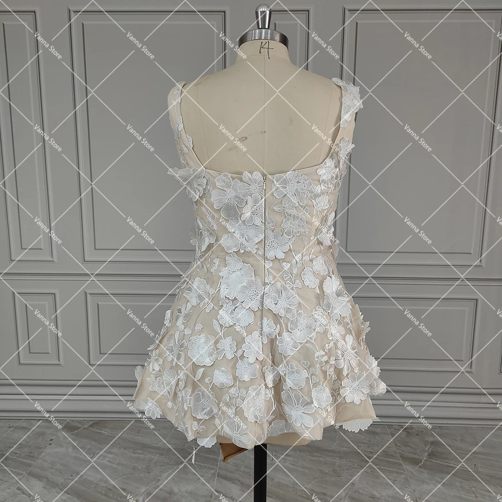 Robe de mariée courte bouffante, tulle brodé de fleurs florales 3D, mini robe à encolure carrée, patients de fleurs de princesse, quelles que soient les vraies photos