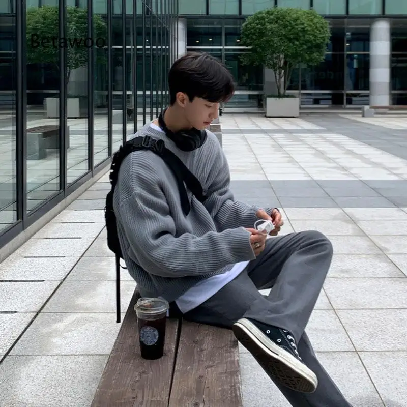 Mens Sweater Korean Loose Trendy Lazy Style Solid Color Crew Neck Long Sleeve Pullover Knitwear For Autumn And Winter Daily Str