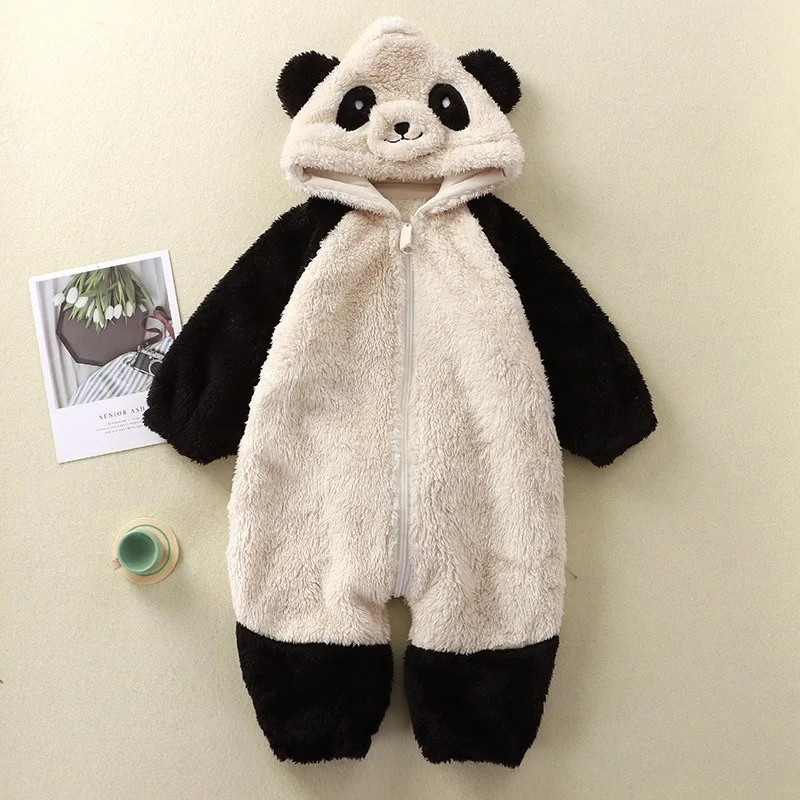 Baby Cartoon Panda Plush Jumpsuit for Infants and Young Children Cute Warm Clothes, Children's Jumpsuit for Home Use