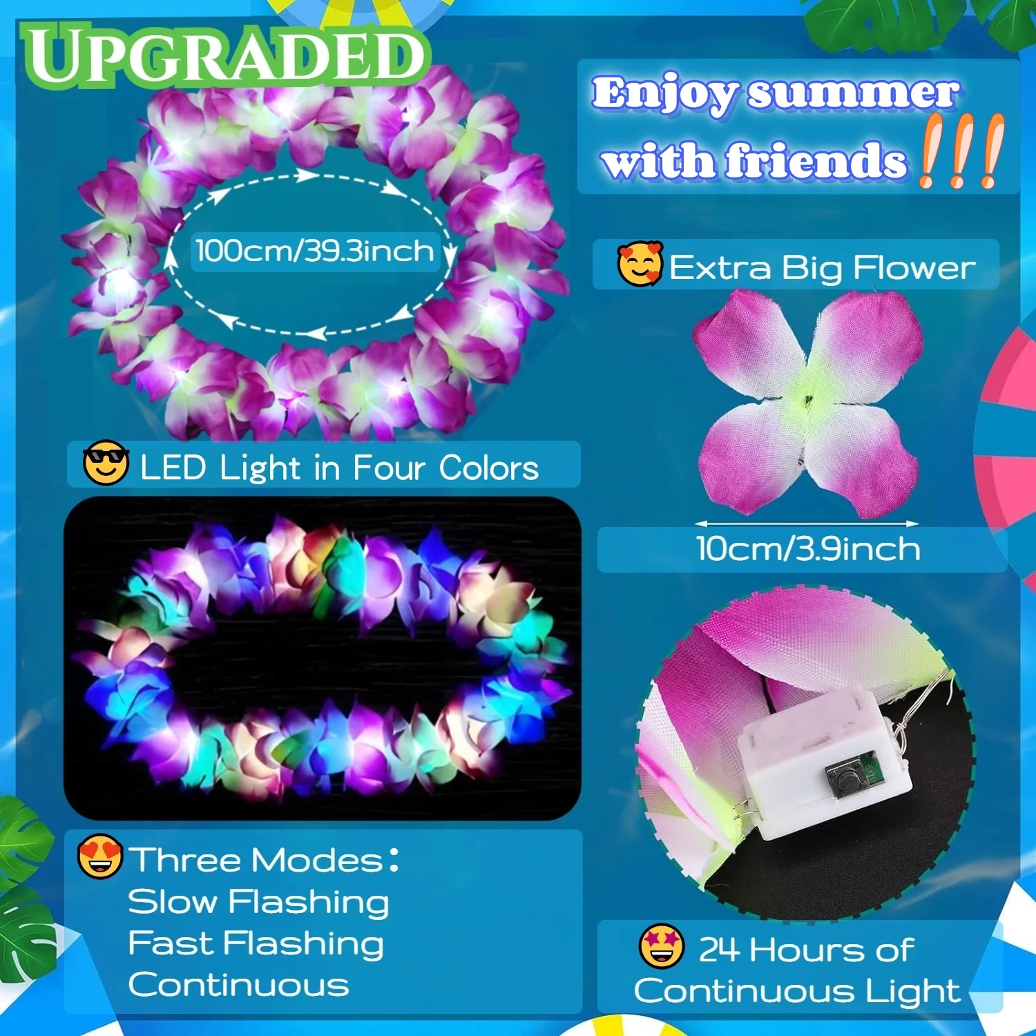 32/40/60PCS Upgrade LED Hawaiian Leis Light Up Hawaiian Party Leis Glow Wedding Necklace Leis For Beach Party Themed Supplies