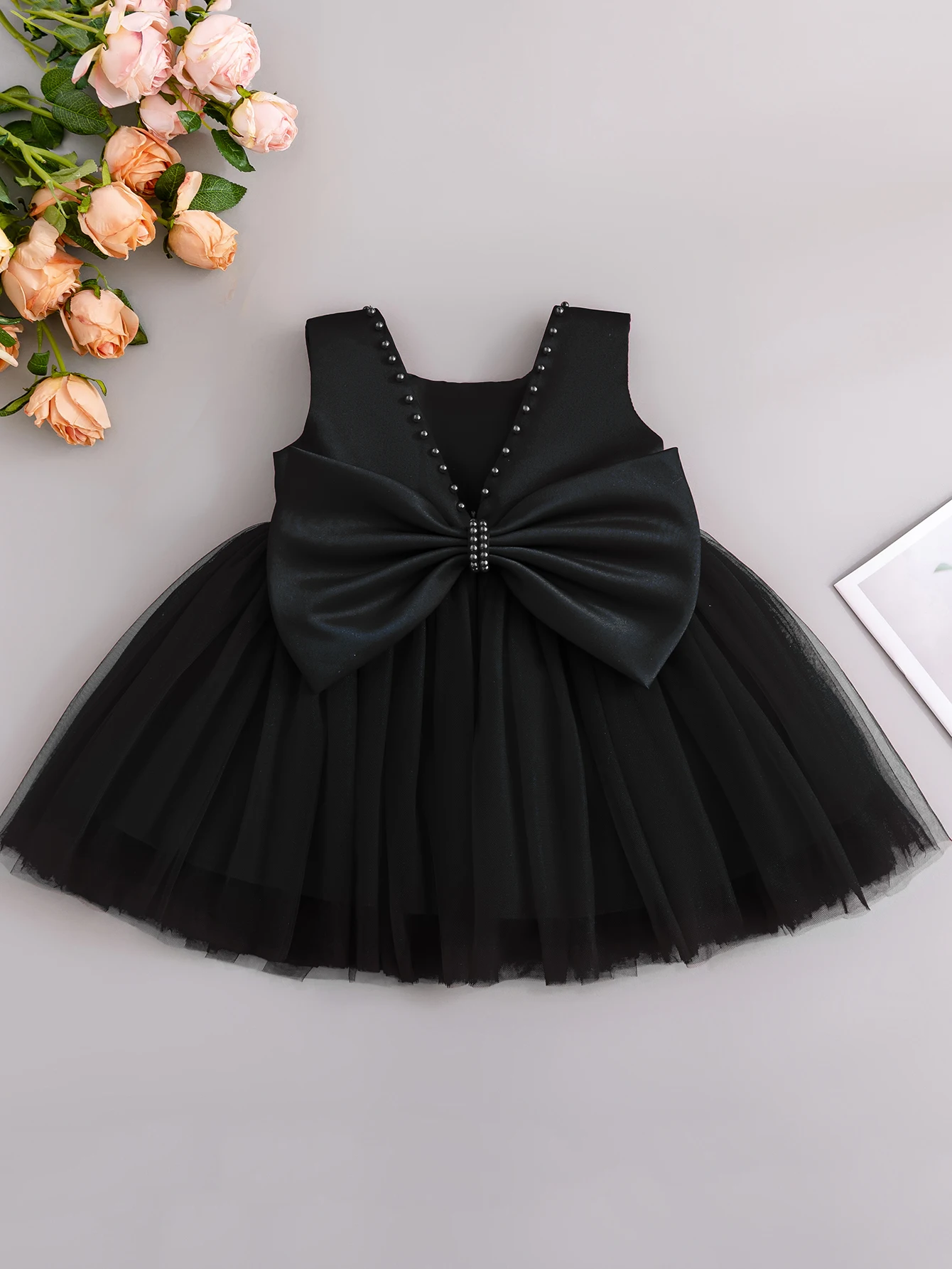 

Elegant Tulle Halloween Baby Girl Dress Party Luxurious Beaded Formal Beautiful Dress Satin Children's Bow