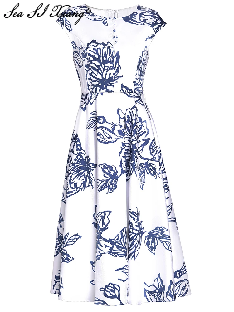 

Seasixiang Fashion Designer Summer Dress Women's O-Neck Flying Sleeve Sashes Vintage Print Dresses