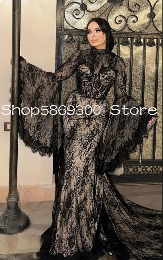 Black Champange Mermaid Muslim Prom Formal Dresses with Fairy Long Sleeve Full Lace High Neck Caftan Arabic Evening Gown Outfit