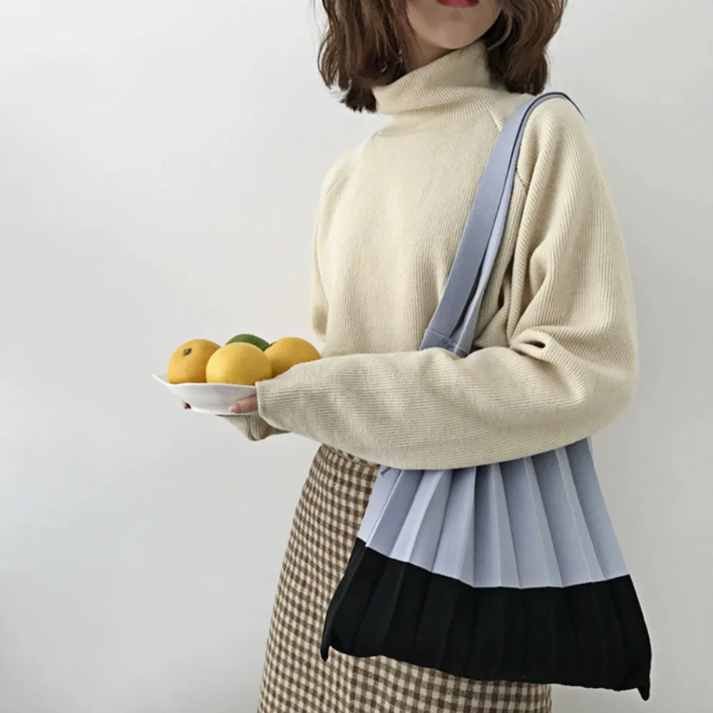Handbag Knit Folding Shopping Bag Shoulder Pouch Eco-Friendly Foldable Eco Bag Contrast Color Large Capacity Pleated Bag Outdoor