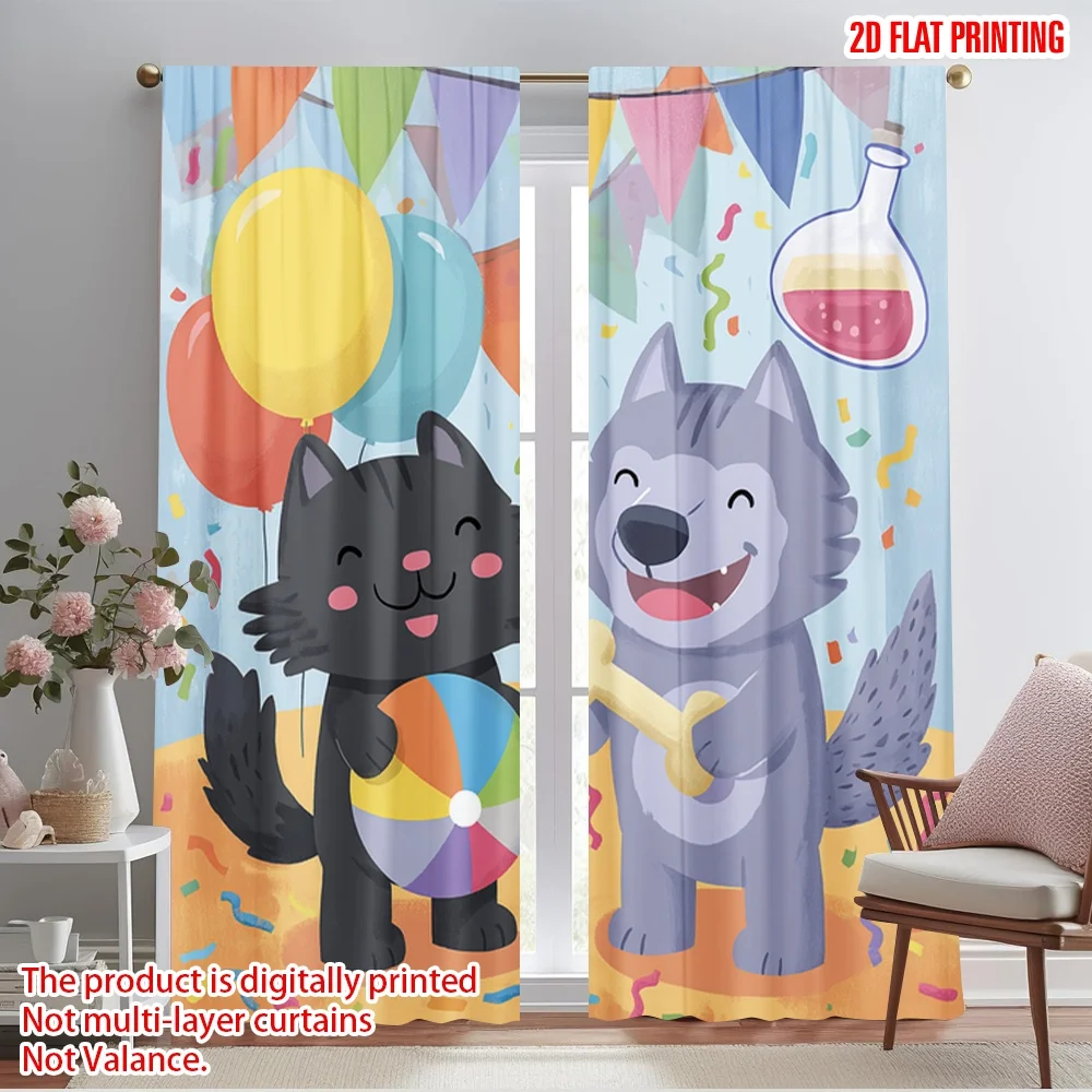 

2pcs 2D flat printing Curtains Cute Cat Wolf Party 100% Polyester Fabric Without Electricity 0 for Indoor Celebrations Room