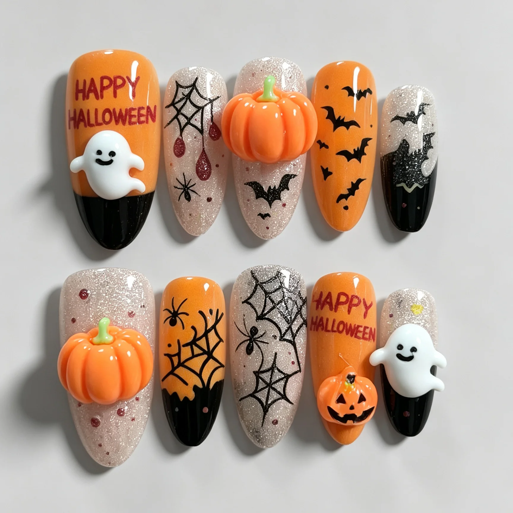 10 Stück handgepresste, mandelförmige Kunstnägel, wunderschöne künstliche Nägel, Halloween-Kürbis-Orange-Geist, geeignet für Frauen.