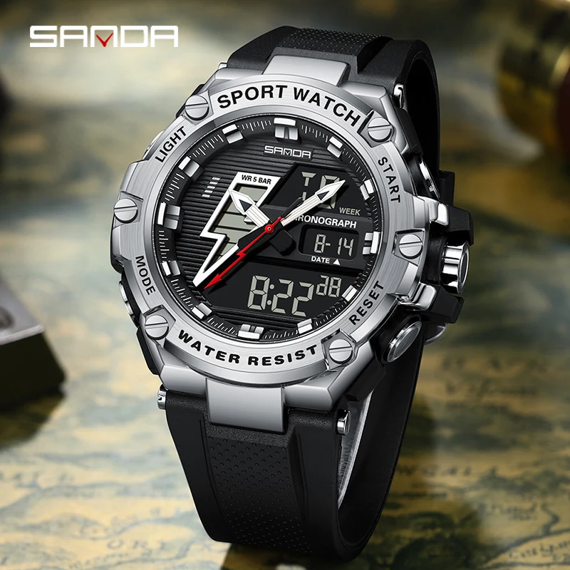 SANDA jam tangan pria Stopwatch kedap air jam tangan pria Chronograph Electron jam tangan olahraga luar ruangan Quartz tampilan ganda jam tangan Digital LED