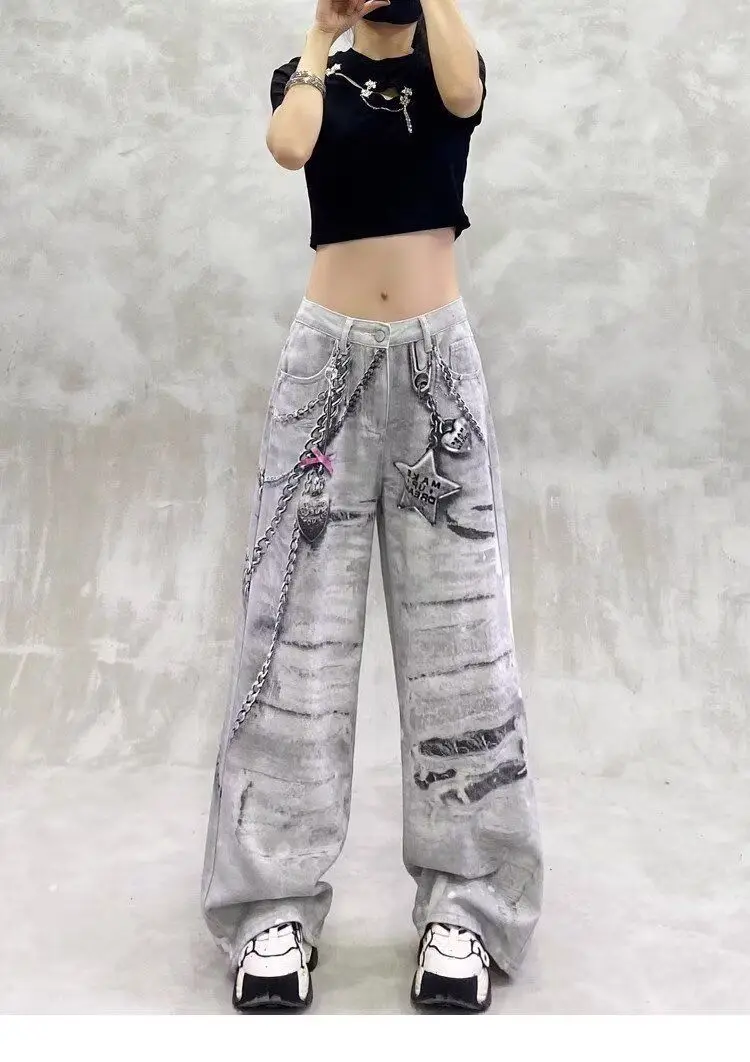 

American Retro Gray Ripped Printed Y2k Jeans Women 2000s Streetwear Vintage Contrast Denim Pants High Waist Wide Leg Trousers