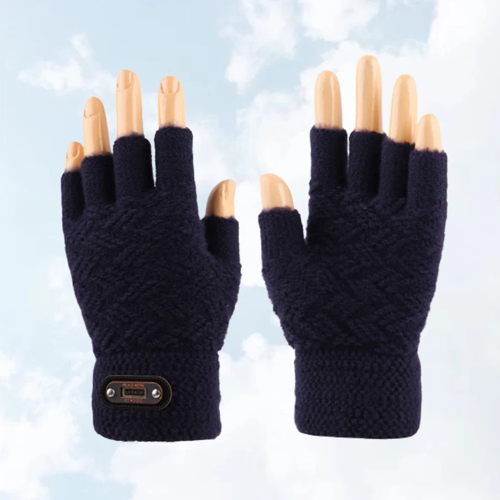 1Pair Knitted Half Finger Gloves Men Touch Screen Warm Winter Windproof Gloves Navy Outdoor Activity Winter Accessories