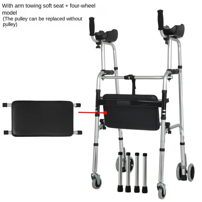 Elderly Walker with Wheel Walking Inconvenience Hemiplegia Rehabilitation Four Legged Crutches Folding Body Elbow Support Holder