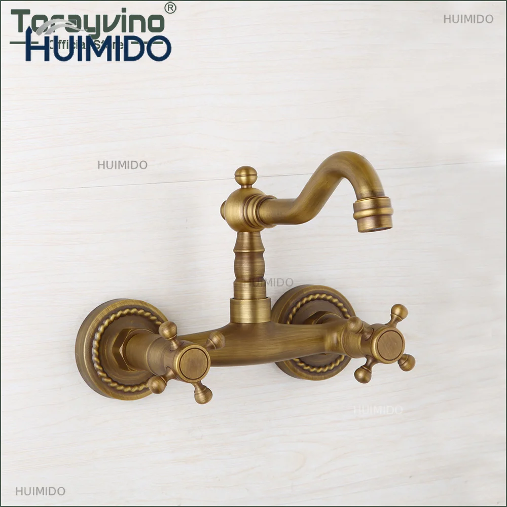 Torayvino Bathroom Faucet Wall Mounted Bath Tub Mixer Tap Dual Handle Taps Hot Cold Water Mixer Antique Brass Shower Faucet