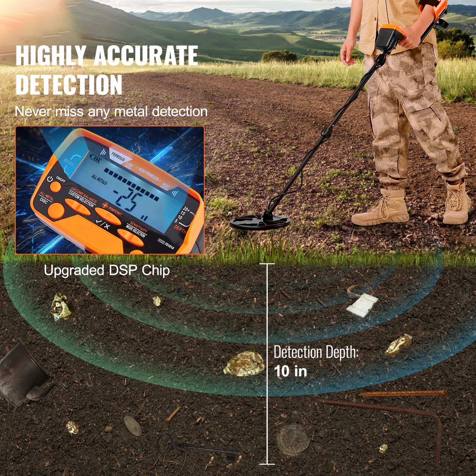 SucceBuy Metal Detector for Adults & Kids 10Inch Waterproof Search Coil + LCD Display 7 Modes Adjustable 41''-52'' Aluminum Stem image 2