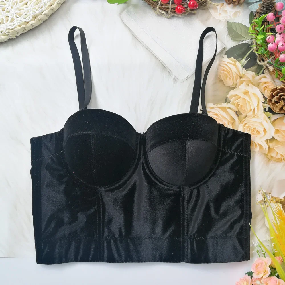 Women's Solid Color Velvet Adjustable Strap Vest Underwire Corset Crop Top Fishbone Push-up Bra Underwear Lingerie Bralette