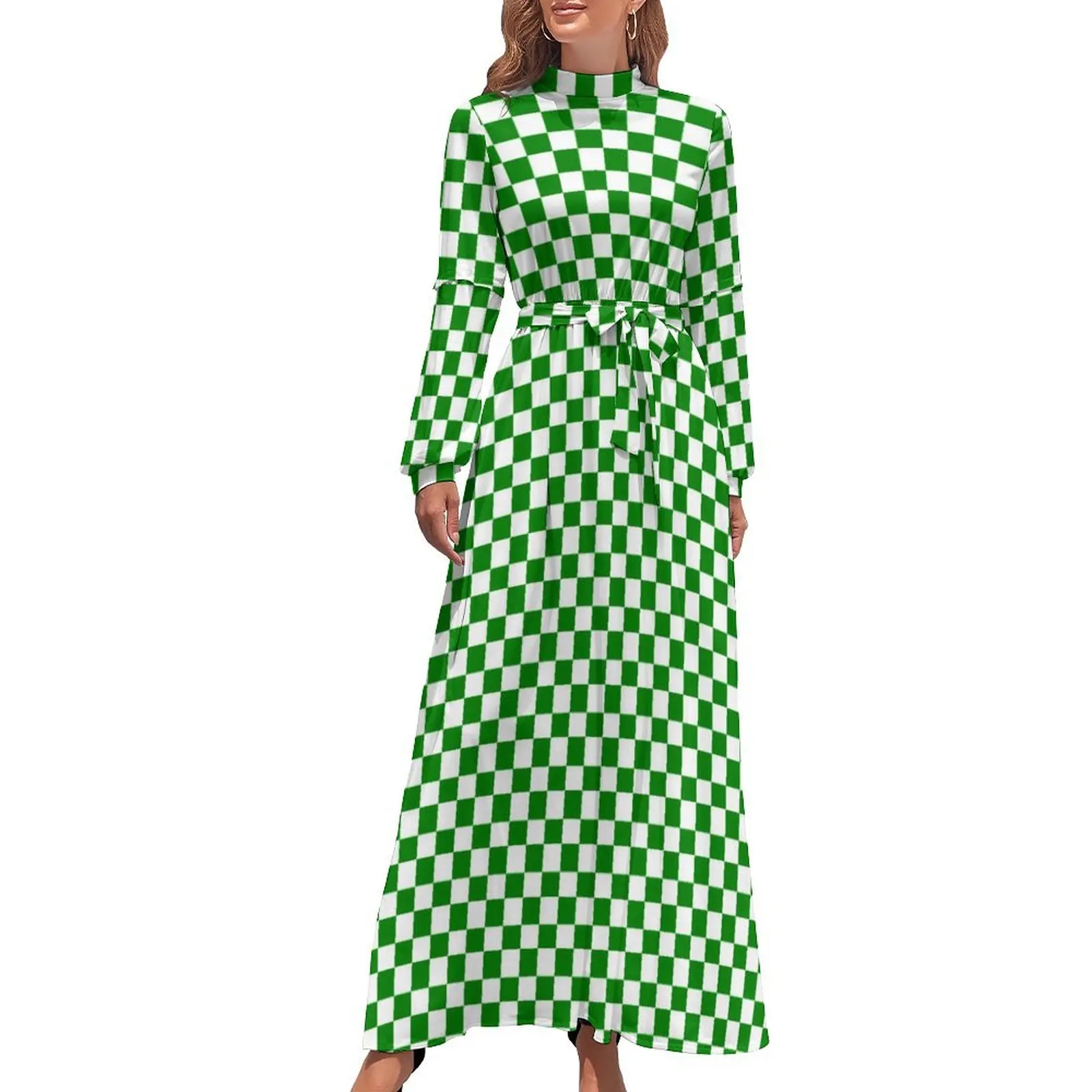 

Plaid Print Dress Green And White Checkered Elegant Maxi Dress Streetwear Bohemia Long Dresses High Waist Design Vestidos