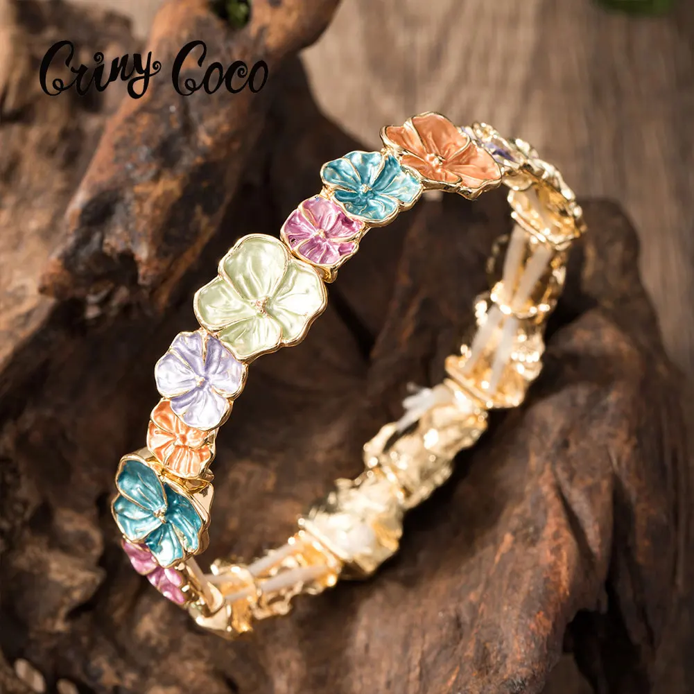 Cring Coco Spring Summer Bangle Women's Elegant New Design Flower Enamel Jewelry Bangles Holiday Zinc Alloy Bracelets for Women
