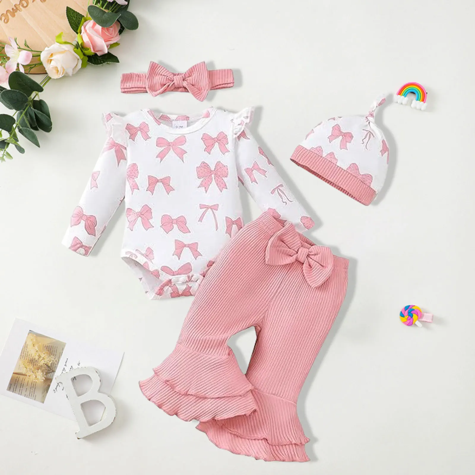 

Baby Girl Sweet Outfit Set Autumn Bowknot Printed Flutter Sleeve Bodysuit Adorable Flared Pants Hat And Headband Four Piece Sets
