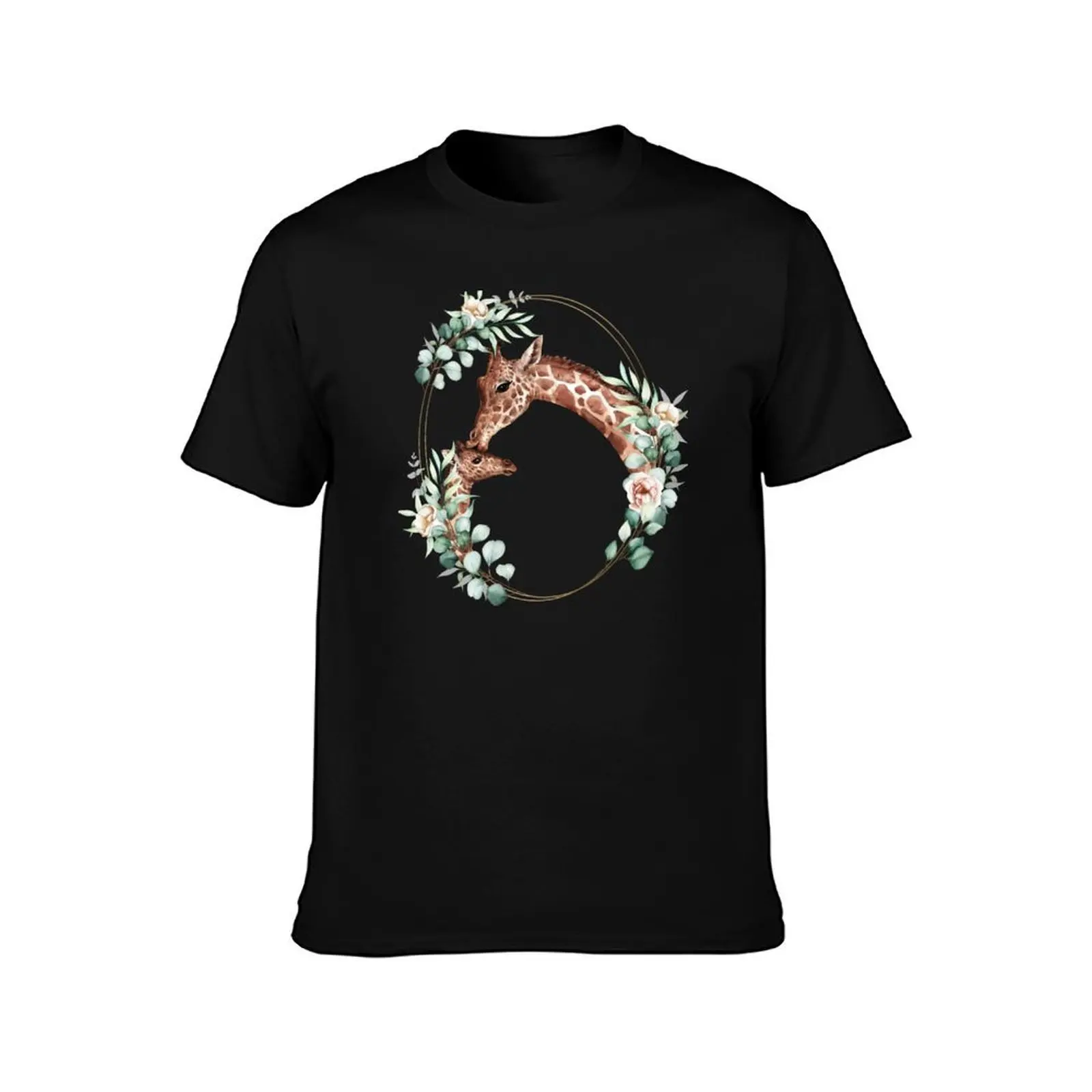 Mommy Kissing Her Baby Giraffe in a Floral Gold Wreath Frame T-Shirt, Summer Casual Cotton Tee, Oversized Streetwear Tops