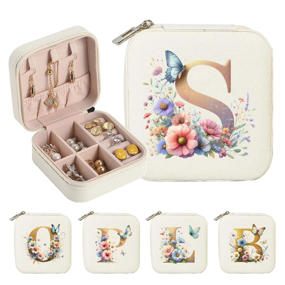 1pc Flower Letters White PU Leather Women Portable Travel Multi-grid Jewelry Box Wedding Gift Ladies Jewelry Storage Organizer