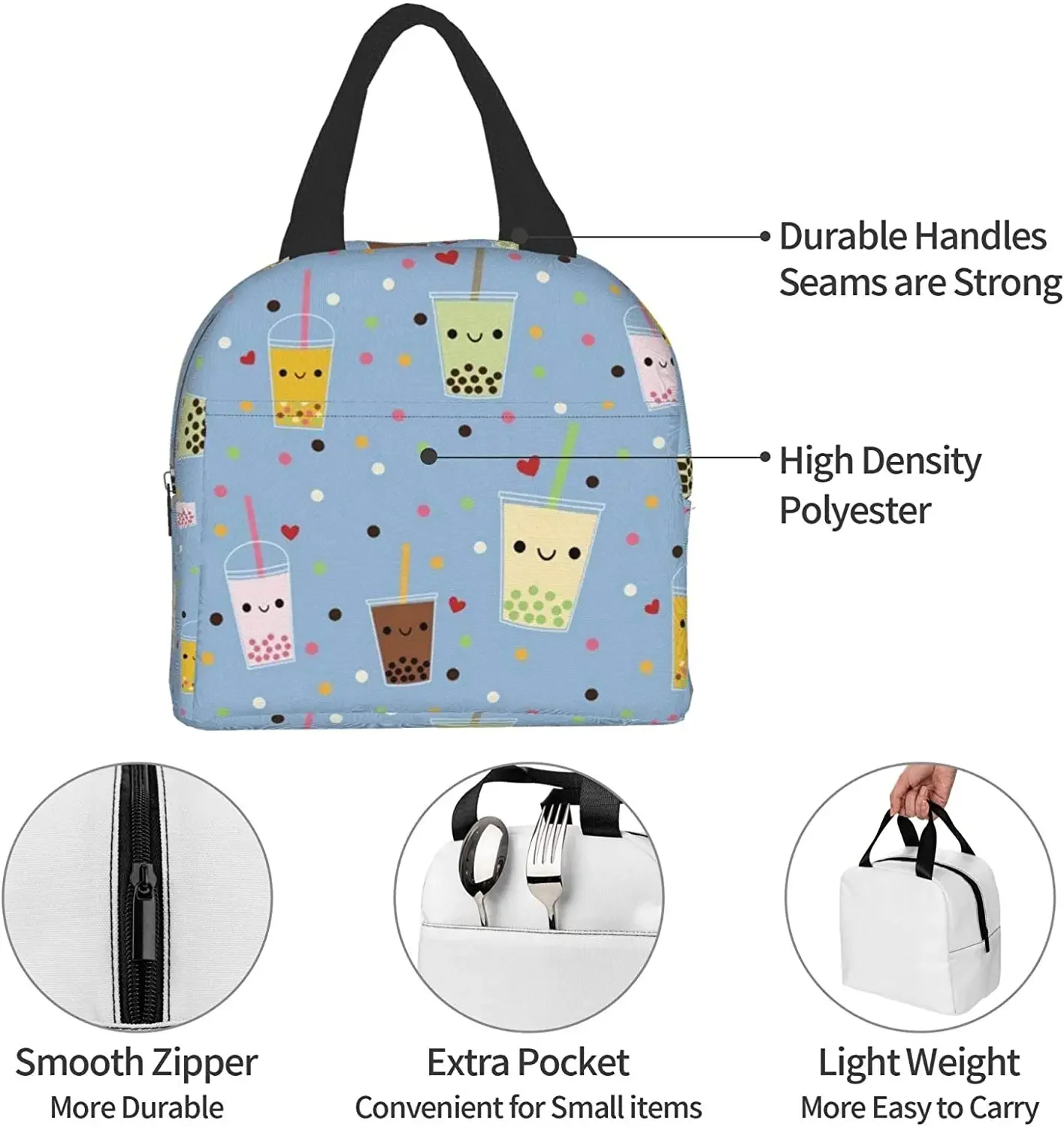 Happy Boba Bubble Tea Cooler Lunch Bag - Portable Lunch Box for Office Work School Picnic Beach Workout Travel Freezable Tote