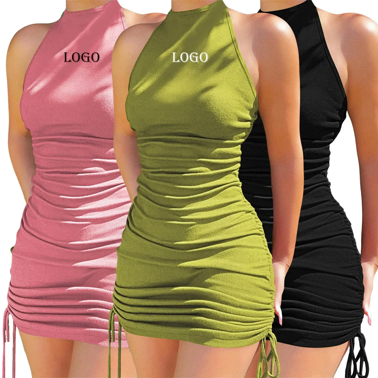 Custom LOGO Women's Summer New Thread Sleeveless Hanging Neck Lace Up Pleated Sexy Dress