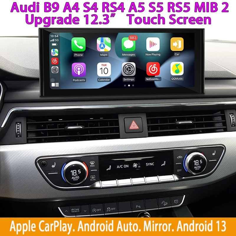 For Audi B9 A4 S4 RS4 A5 S5 RS5 MIB2 Apple CarPlay Android Auto Upgrade 12.3 Touch Screen Mirror Access Android 13 Navigation