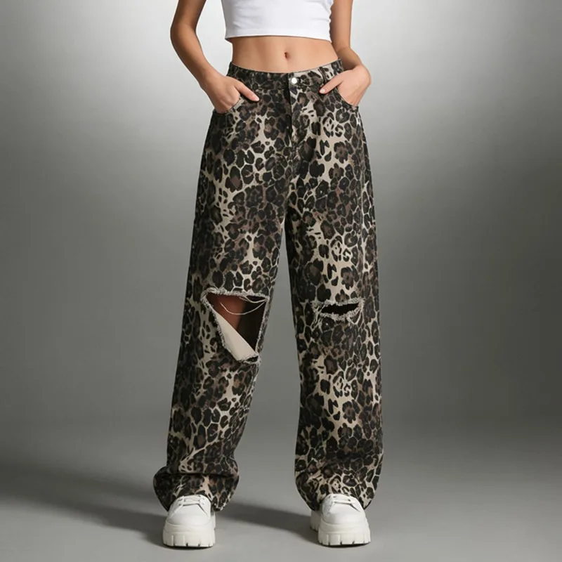 HKSH Women American Retro Wide Leg Pants Printed Ripped Distressed Vintage Versatile Y2K Trend Casual Bottoms New Spring HK20603