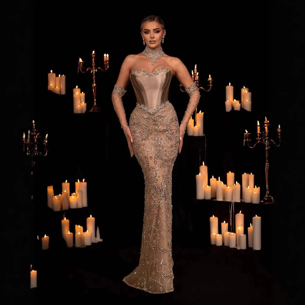 Sharon Said Luxuriöses Dubai Champagner Meerjungfrauen-Abendkleid mit Choker und Handschuhen für Damen Hochzeitsfeier-Kleid SS069 Maßanfertigung – Detail 5