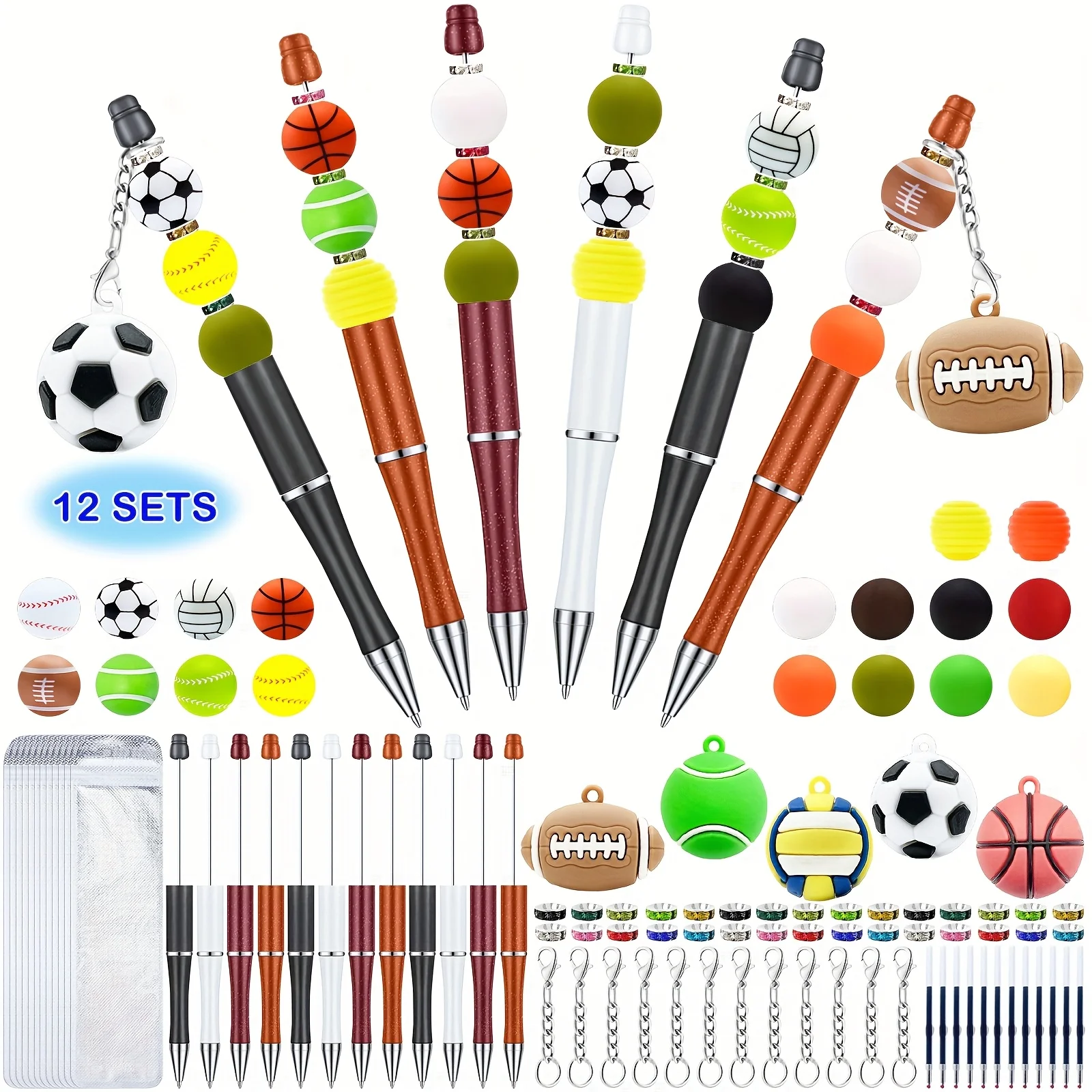 

124 Pcs Basketball Themed Beadable Ballpoint Pens Bulk - Silicone Focal Beads DIY Pen Craft Kit - Smooth Writing Office Gifts