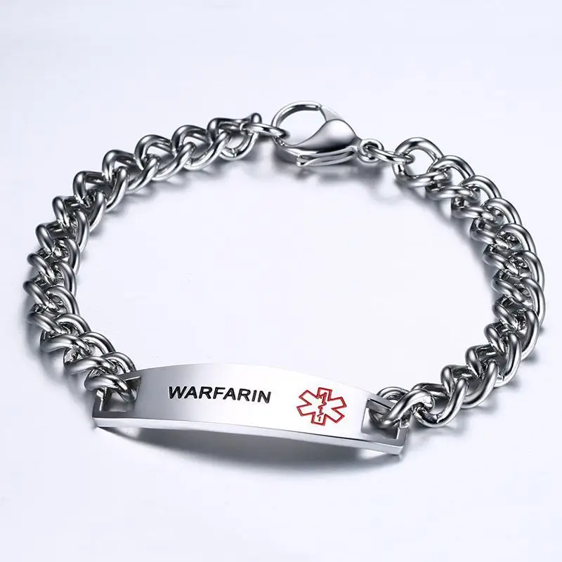 Medical Bracelet Men Stainless Steel Chain Titanium Tag Bracelet DIABETES EPILEPSY WARFARIN PACEMAKER Bracelet Factory Wholesale