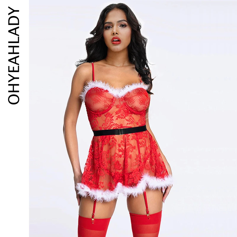 Ohyeahlady Women Christmas Nightgowns Sleepwear Red Floral Lace Transparent Babydoll Sexy Lingerie with Garter Belt for Stocking