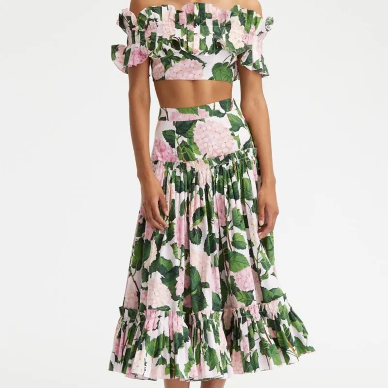 Sexy Strapless Tops + Long Skirt Outfits Women Elegant Flower Print Ruffle Swimsuit Suit Casual Sleeveless Pleated 2Pc Party Set