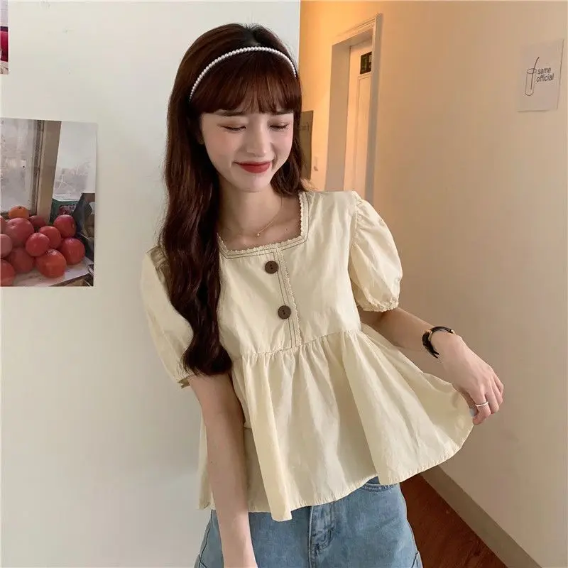 Babados camisas e blusas coreia puff manga curta topo feminino 2024 verão botão doce blusas bonito elegante sólido branco roupas