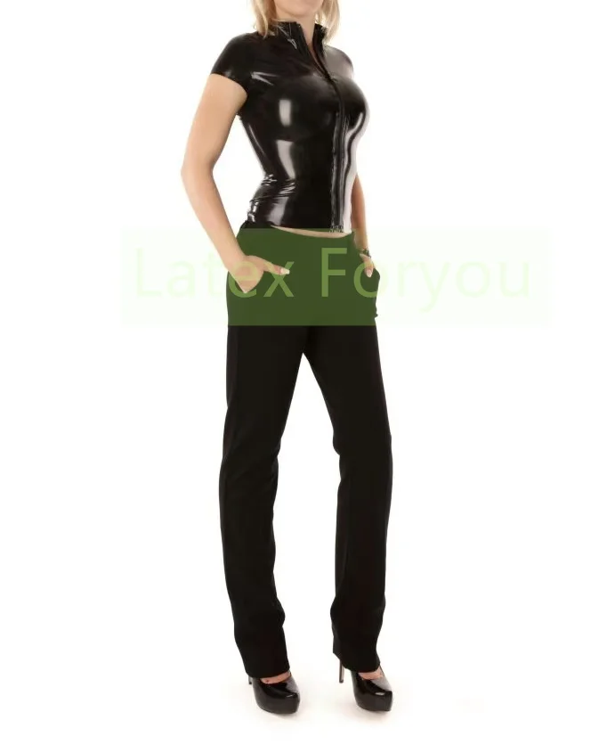 

Black Basics Handmade Natural Latex Sexy Woman Short Sleeve Top Rubber Lady's Shirt With Front Zip Girl's Polo Shirt Halloween
