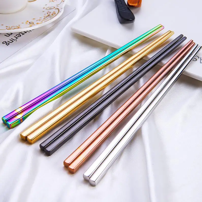 Glossy Titanium Plated Chopsticks Anti Scalding High-grade 304 Stainless Steel Rainbow Golden Black Square Chopsticks ni76