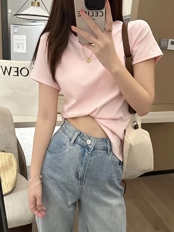 Slimming Korean Style Cotton Short Sleeve T-Shirt Women's Summer New Fashion Shoulder Width Regular Length Pure Color Base Shirt