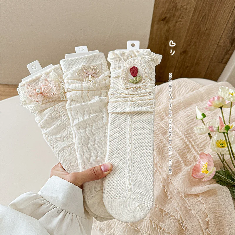 Children Mid-calf Socks Spring Summer Thin Bownot White Lace Princess Socks for Girls 3-8 Years Kids Mesh Breathable Calf Socks