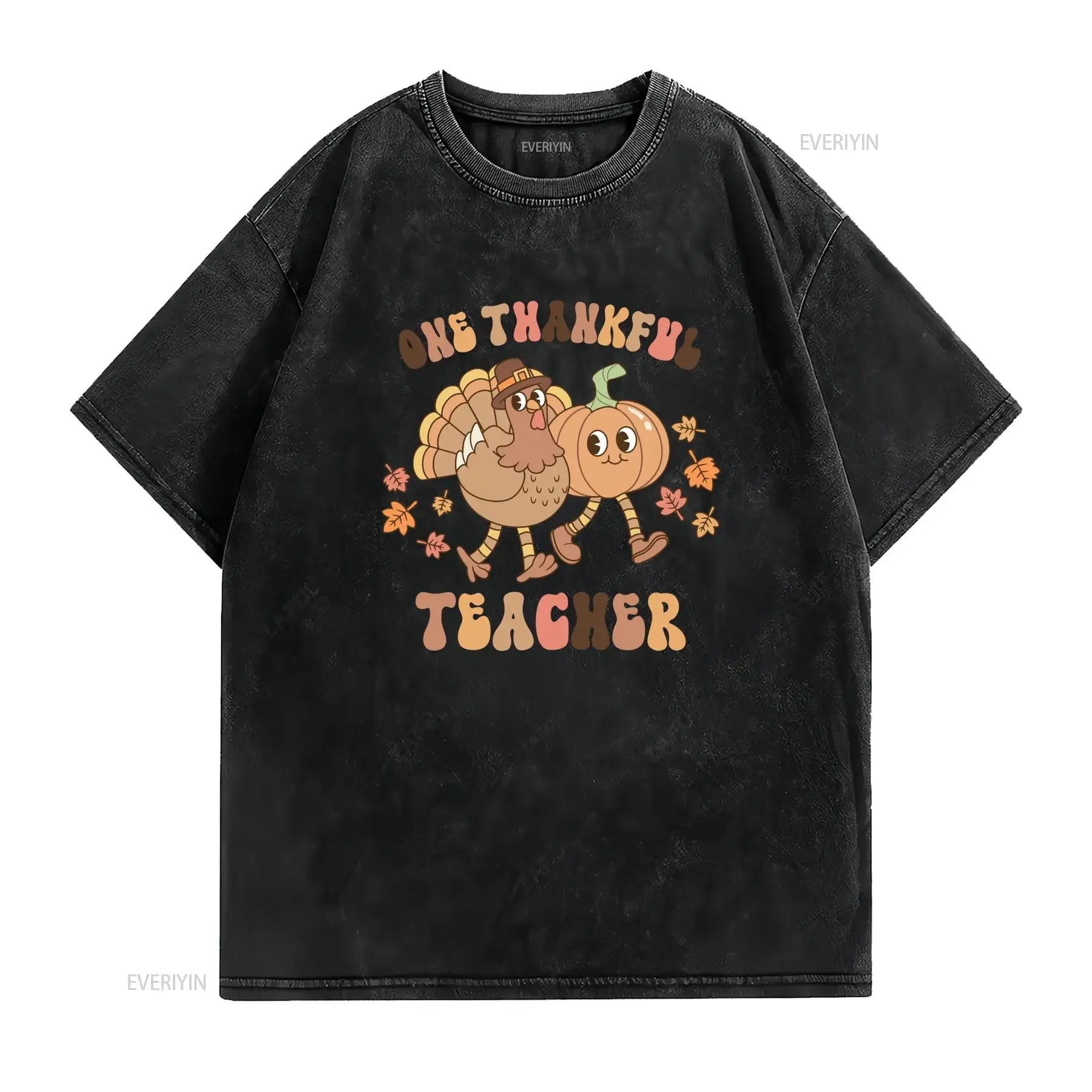Groovy Retro Thanksgiving One Thankful Teacher Turkey Pumpkin Print Casual T Shirt vintage Washed Comfortable Stylish