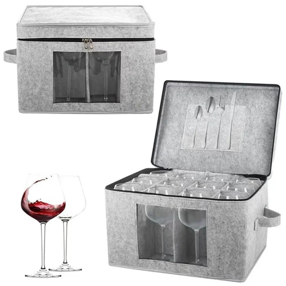 Felt Wine Glass Storage Box Hard Shell Folding Stemware Storage Container Dust-proof Space Saving 12 Goblet Finishing Box