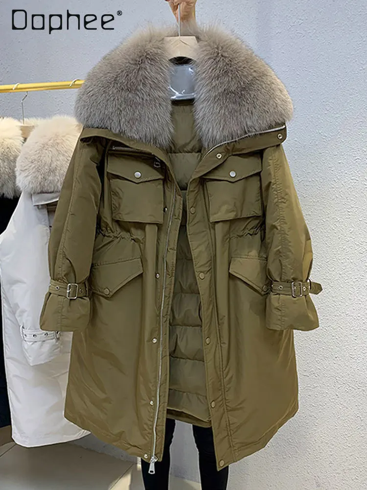 Doudoune mi-longue pour femme avec col en fourrure de renard, parkas décontractées, veste chaude, streetwear surdimensionné, vêtements féminins à la