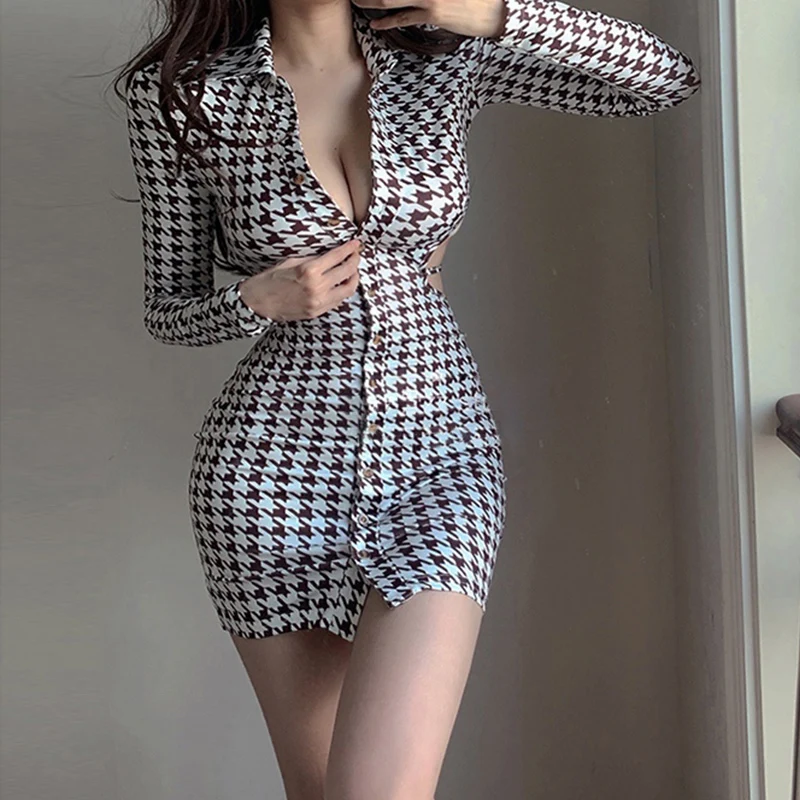 ZURICHOUSE Spring Summer Hollow Out Bandage Bodycon Sexy Dress Fashion Single Breasted Long Sleeve Houndstooth Mini Dress Women