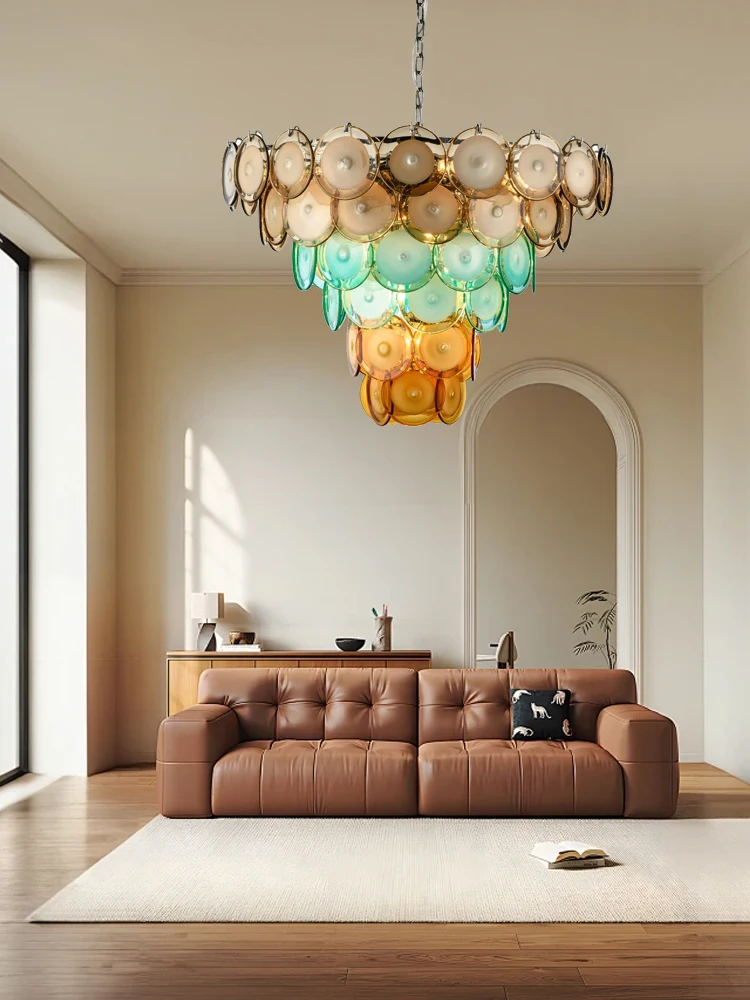 Murano Vintage Colorful Glass LED Ceiling Chandelier Lighting,Lustre Pendant Home Decoration for Living Room Villa Lamp,Dimmable