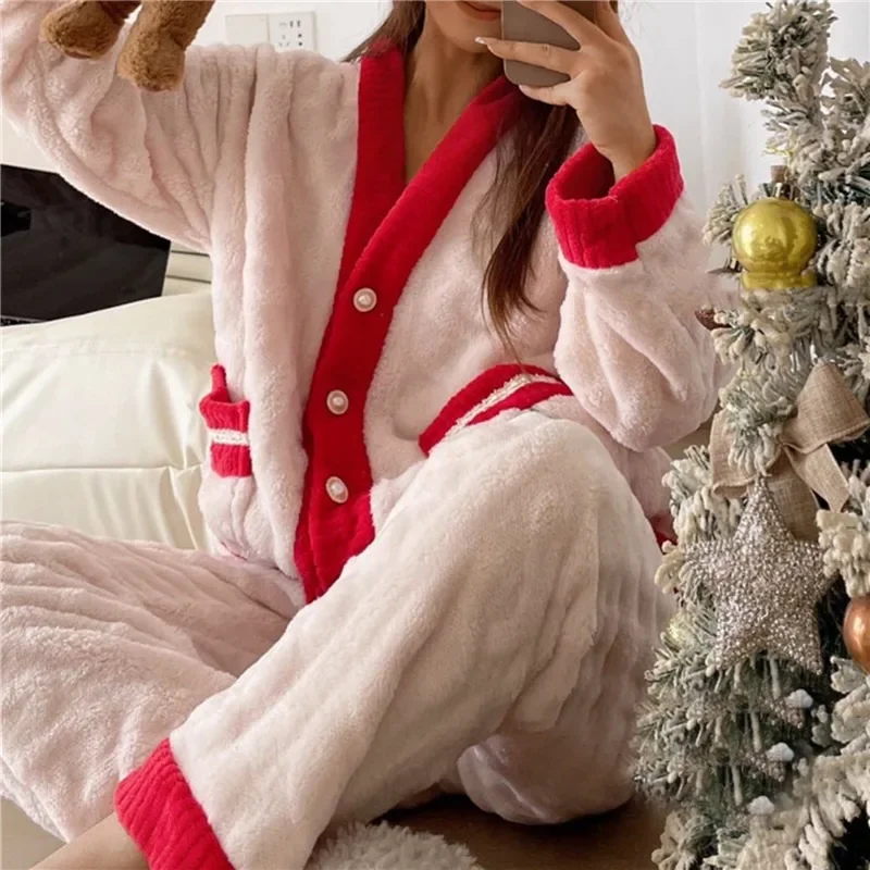 Thickened Warm And Comfortable Pajamas For Women'S Winter Long Sleeved Velvet For Women'S Home Heating Set