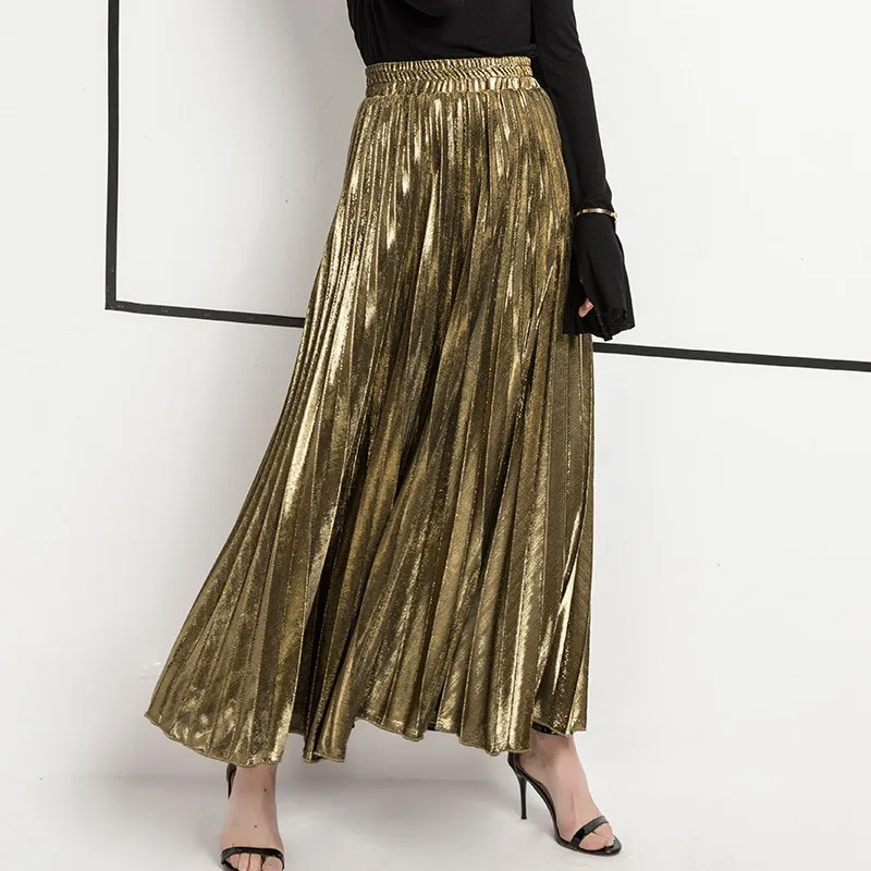 2026 Spring Metal Color Pleated Maxi Skirt Elastic High Waist Harajuku Large Swing Gold Long Skirts For Women XXL Saias