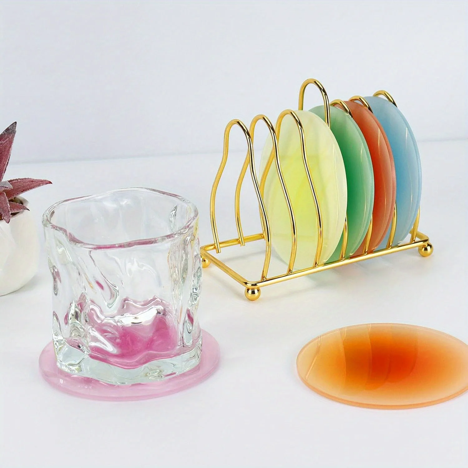 Colorful Acrylic Coaster Set, Cup Mat with Metal Holder, Insulation Mat for Coffee Tea Mug, Decoration Ornament Dining Table Mat