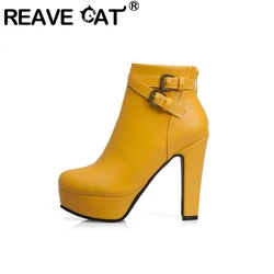 REAVE CAT Size 34-50 Ladies Platform Ankle Boots Party Office Women Fashion 12CM Thick High Heels Buckle Shoes F1484