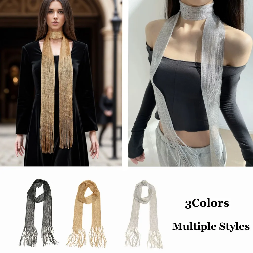 160*8cm Shiny Neck Wrapped For Women Lace Tassel Party Evening Dress Scarf Fashion Nightclub Gold Silver Bright Sunscreen Shawl