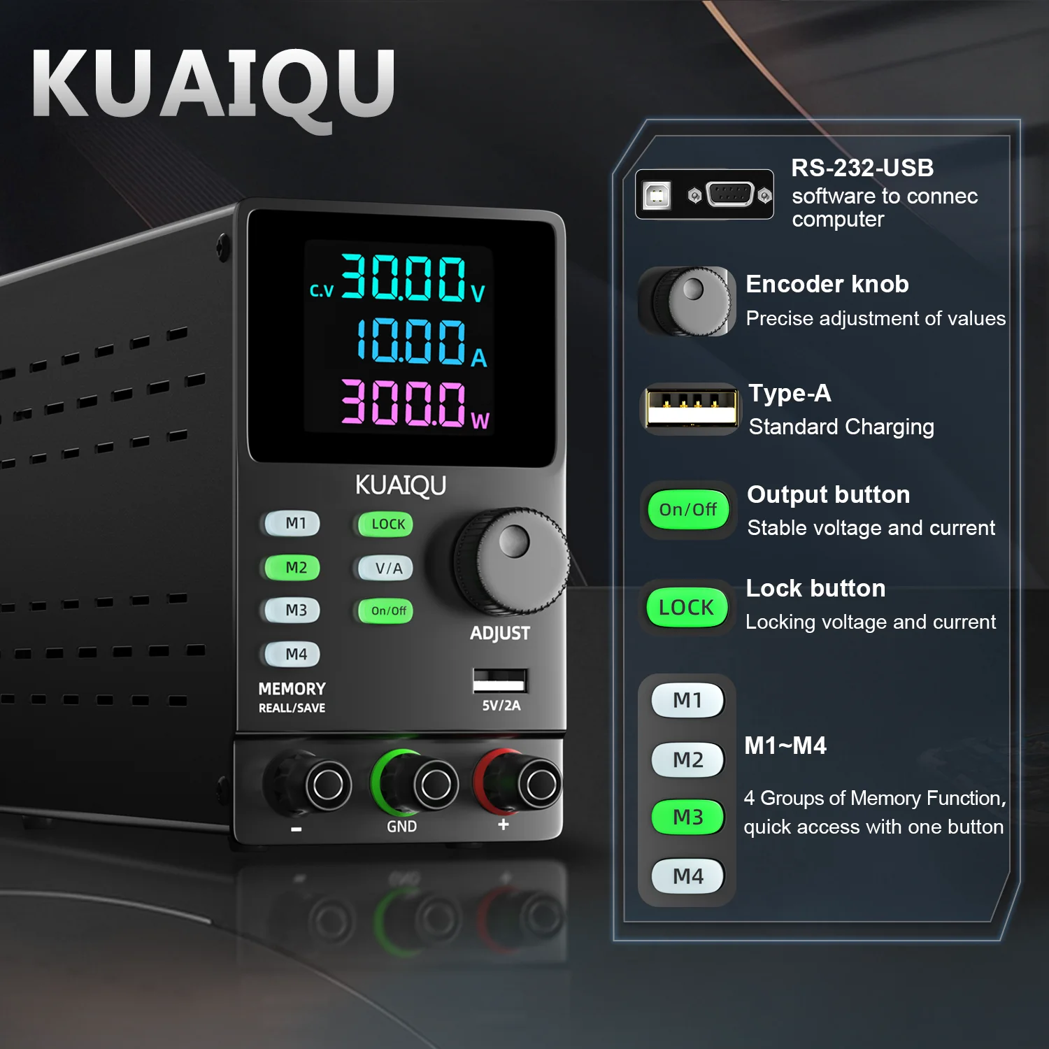 

KUAIQU Programmable DC Power Supply,30V 60V 200V 300V Adjustable Regulated Power Supply ,RS232 Software Connect PC Edit Stored