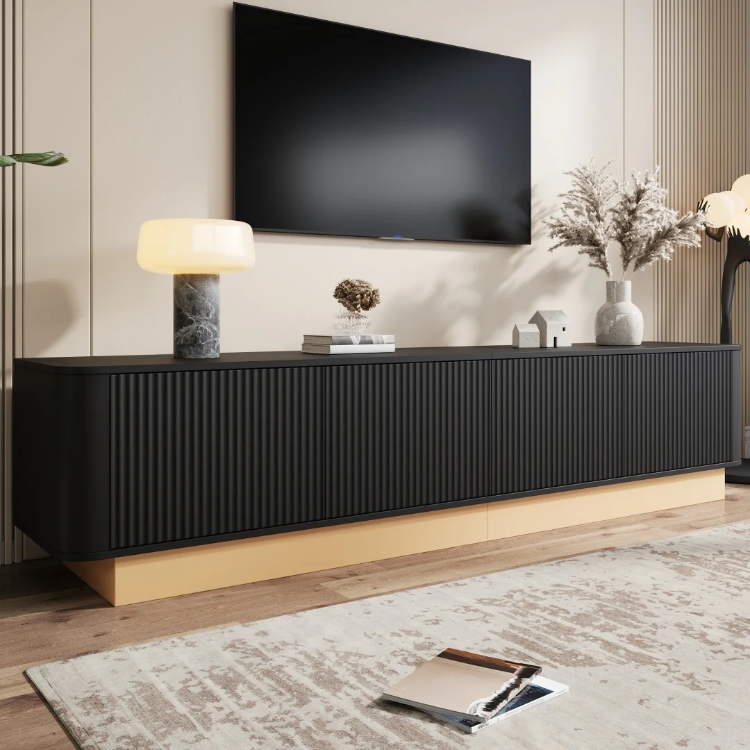 Mobile TV basso da 200 cm | Mobile porta-TV di lusso con scanalature, ampio spazio di archiviazione a 4 ante, mobile porta-TV per il soggiorno, ripiani regolabili in altezza, angoli arrotondati.